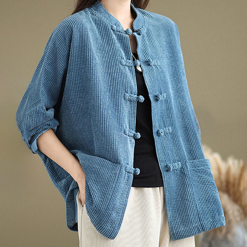 Chaqueta de pana de algodón y lino para mujer con cuello alto y botones de rana de Buddha Stones - image 21