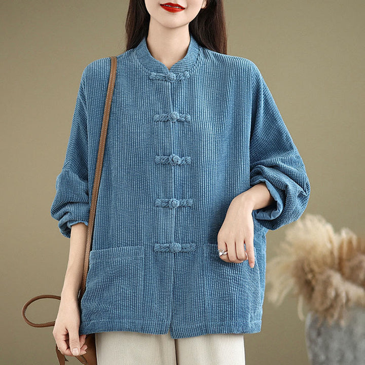 Chaqueta de pana de algodón y lino para mujer con cuello alto y botones de rana de Buddha Stones - image 19