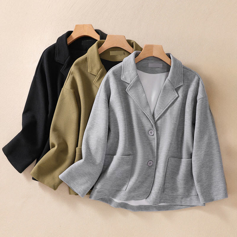 Chaqueta de algodón con solapa lisa y bolsillos para mujer de Buddha Stones - image 32