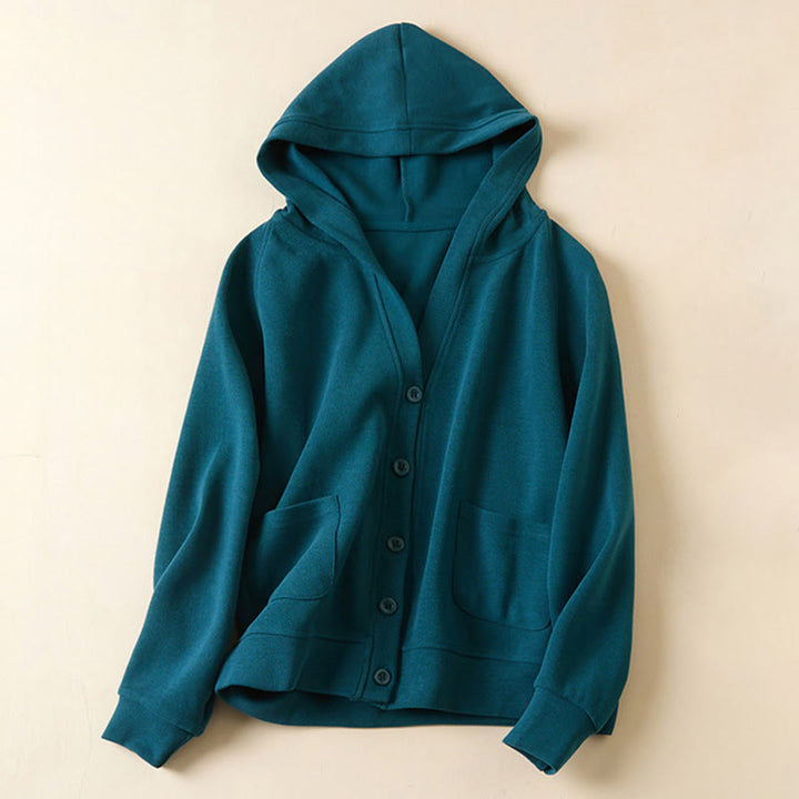 Chaqueta de algodón con capucha y bolsillos para mujer con botones lisos Buddha Stones - Azul acero - US12, UK/AU16, EU44 (2XL) - image 16