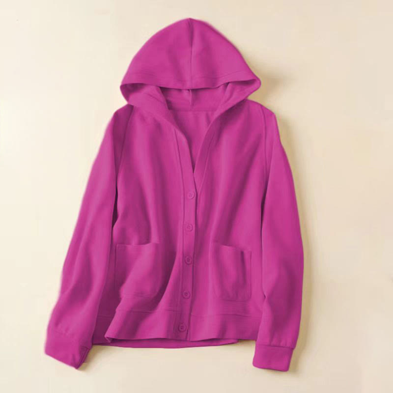 Chaqueta de algodón con capucha y bolsillos para mujer con botones lisos Buddha Stones - Rojo violeta medio - US8-10，UK/AU12-14，EU40-42 (2XL) - image 21