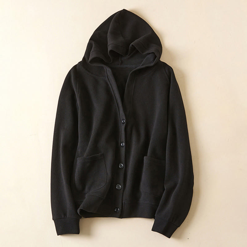 Chaqueta de algodón con capucha y bolsillos para mujer con botones lisos Buddha Stones - Negro - US12, UK/AU16, EU44 (2XL) - image 25