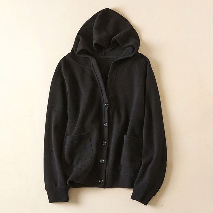 Chaqueta de algodón con capucha y bolsillos para mujer con botones lisos Buddha Stones - Negro - US12, UK/AU16, EU44 (2XL) - image 25