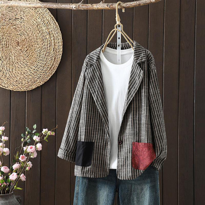 Chaqueta de lino y algodón con rayas empalmadas de Buddha Stones para mujer con bolsillos - Gris oscuro - US14，UK/AU18，EU46 (2XL) - image 1