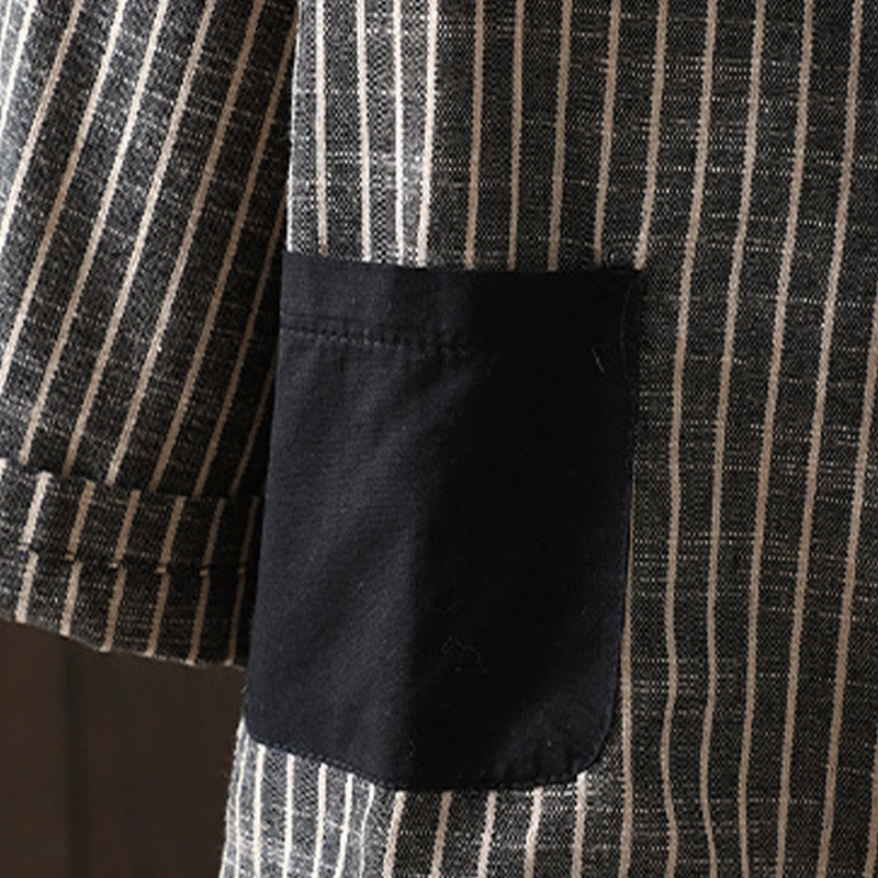 Chaqueta de lino y algodón con rayas empalmadas de Buddha Stones para mujer con bolsillos - image 4