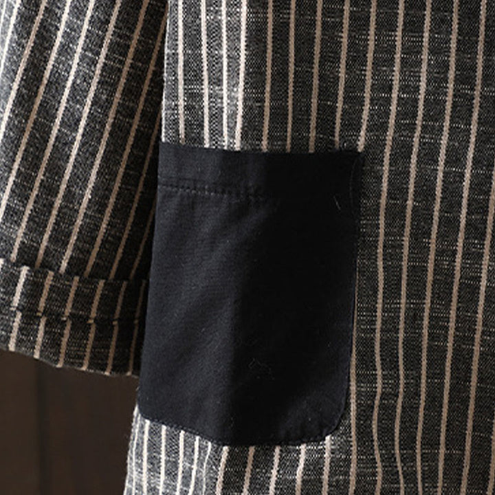Chaqueta de lino y algodón con rayas empalmadas de Buddha Stones para mujer con bolsillos - image 4