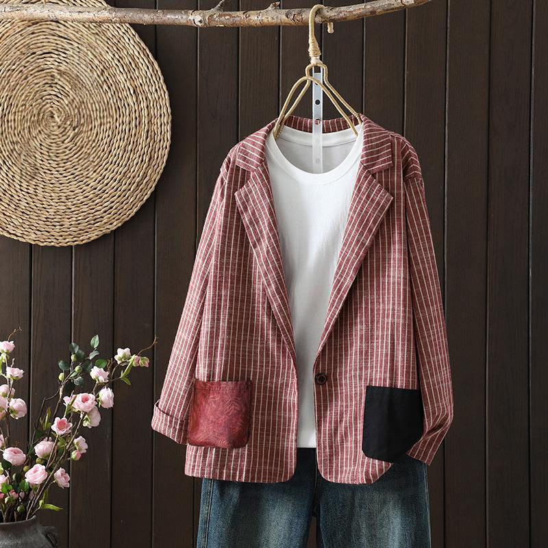 Chaqueta de lino y algodón con rayas empalmadas de Buddha Stones para mujer con bolsillos - IndianRed - US14，UK/AU18，EU46 (2XL) - image 7
