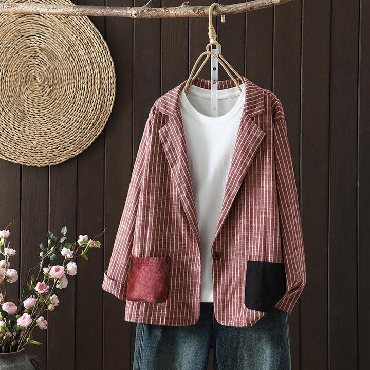 Chaqueta de lino y algodón con rayas empalmadas de Buddha Stones para mujer con bolsillos - IndianRed - US14，UK/AU18，EU46 (2XL) - image 7