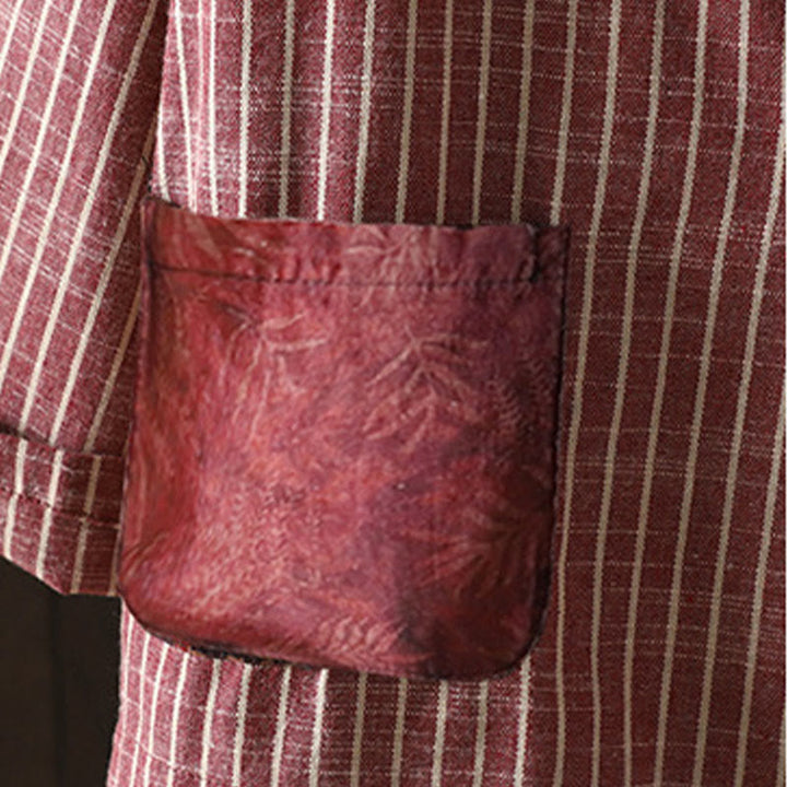 Chaqueta de lino y algodón con rayas empalmadas de Buddha Stones para mujer con bolsillos - image 14