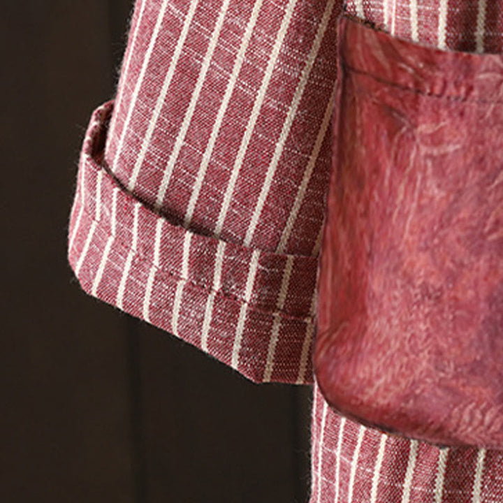 Chaqueta de lino y algodón con rayas empalmadas de Buddha Stones para mujer con bolsillos - image 10