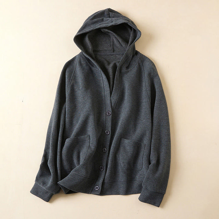 Chaqueta de algodón con capucha y bolsillos para mujer con botones lisos Buddha Stones - Gris oscuro - US12, UK/AU16, EU44 (2XL) - image 1