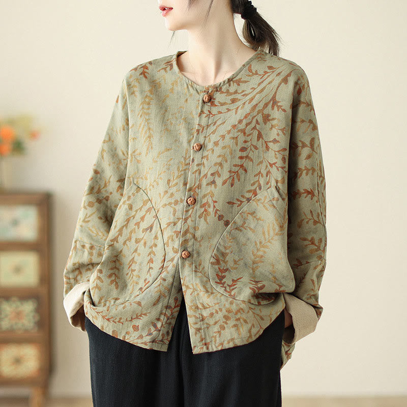 Chaqueta de lino y algodón para mujer con estampado de hojas y piedras de Buddha Stones y bolsillos - Caqui oscuro - US14，UK/AU18，EU46 (2XL) - image 1