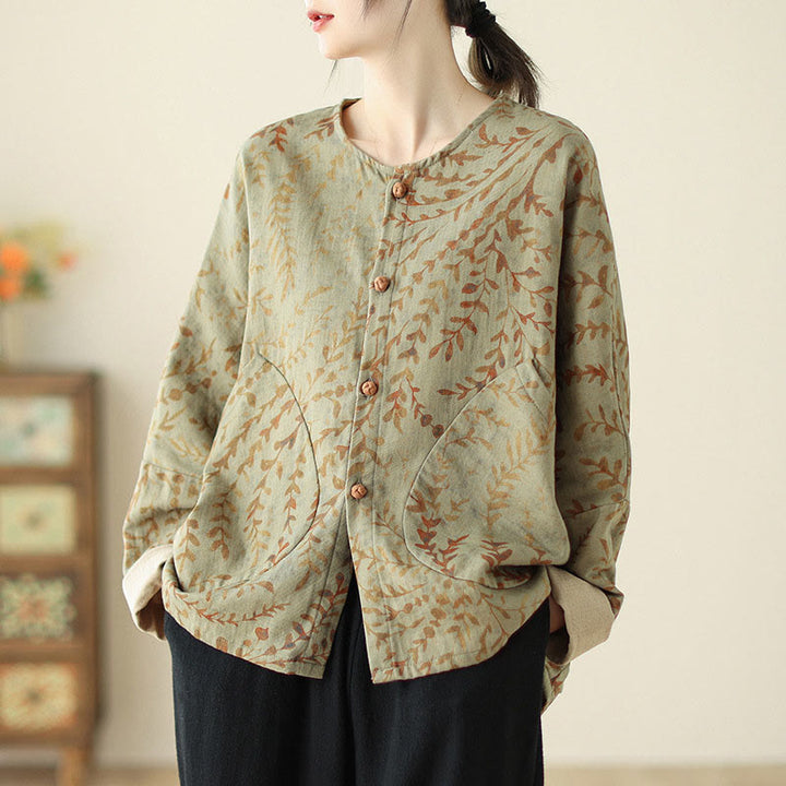 Chaqueta de lino y algodón para mujer con estampado de hojas y piedras de Buddha Stones y bolsillos - Caqui oscuro - US14，UK/AU18，EU46 (2XL) - image 1