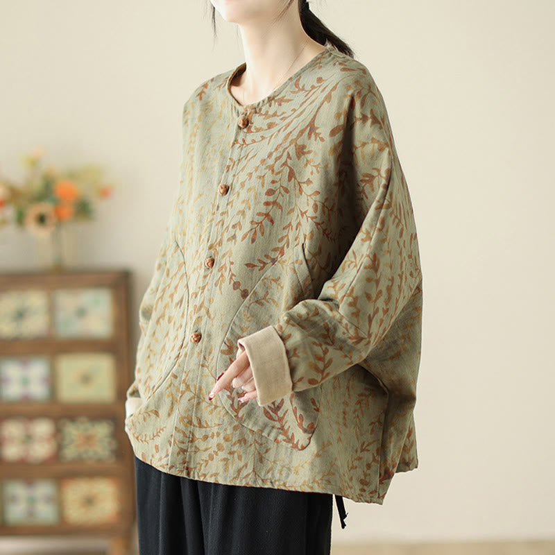 Chaqueta de lino y algodón para mujer con estampado de hojas y piedras de Buddha Stones y bolsillos - image 3