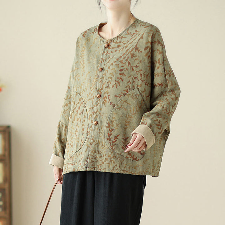 Chaqueta de lino y algodón para mujer con estampado de hojas y piedras de Buddha Stones y bolsillos - image 4