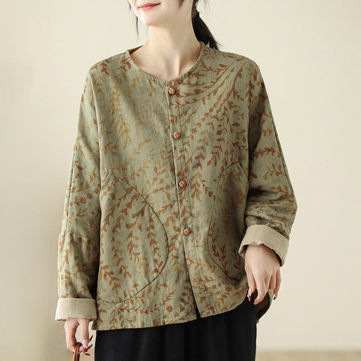 Chaqueta de lino y algodón para mujer con estampado de hojas y piedras de Buddha Stones y bolsillos - image 2