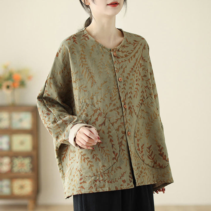 Chaqueta de lino y algodón para mujer con estampado de hojas y piedras de Buddha Stones y bolsillos - image 5