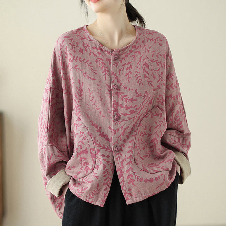 Chaqueta de lino y algodón para mujer con estampado de hojas y piedras de Buddha Stones y bolsillos - image 9
