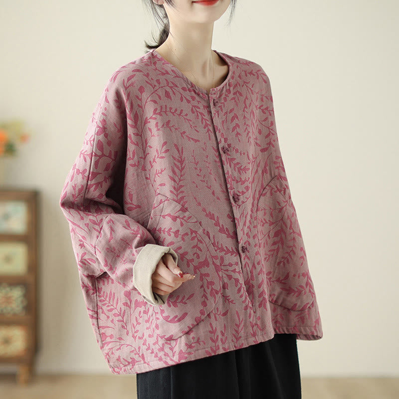 Chaqueta de lino y algodón para mujer con estampado de hojas y piedras de Buddha Stones y bolsillos - image 10