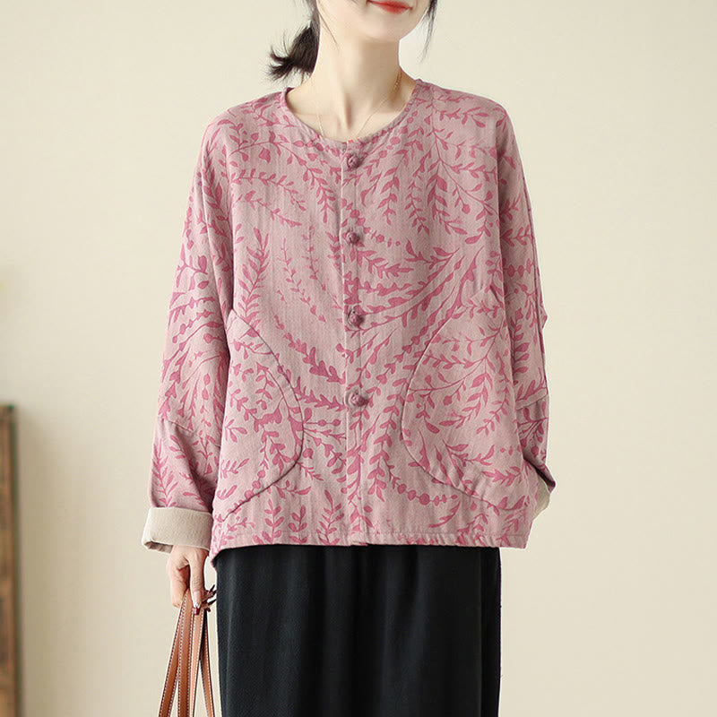 Chaqueta de lino y algodón para mujer con estampado de hojas y piedras de Buddha Stones y bolsillos - Violeta pálido rojo - US14，UK/AU18，EU46 (2XL) - image 7