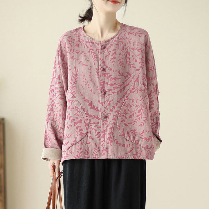 Chaqueta de lino y algodón para mujer con estampado de hojas y piedras de Buddha Stones y bolsillos - Violeta pálido rojo - US14，UK/AU18，EU46 (2XL) - image 7