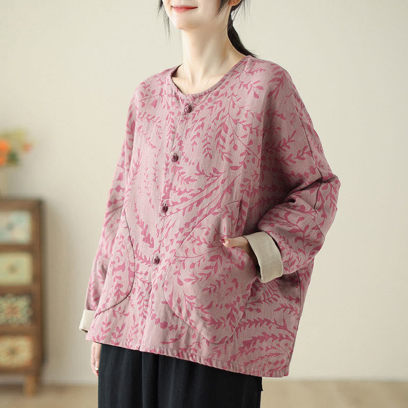 Chaqueta de lino y algodón para mujer con estampado de hojas y piedras de Buddha Stones y bolsillos - image 11