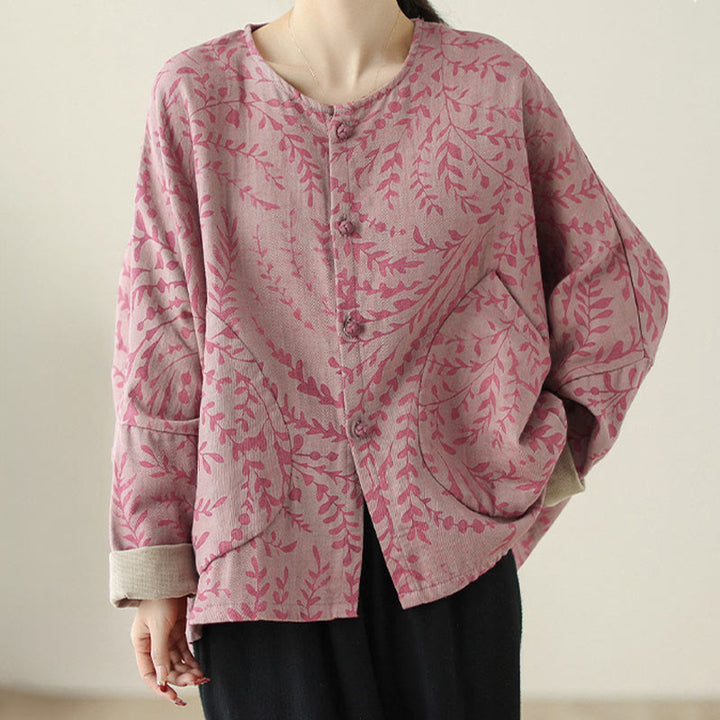 Chaqueta de lino y algodón para mujer con estampado de hojas y piedras de Buddha Stones y bolsillos - image 8