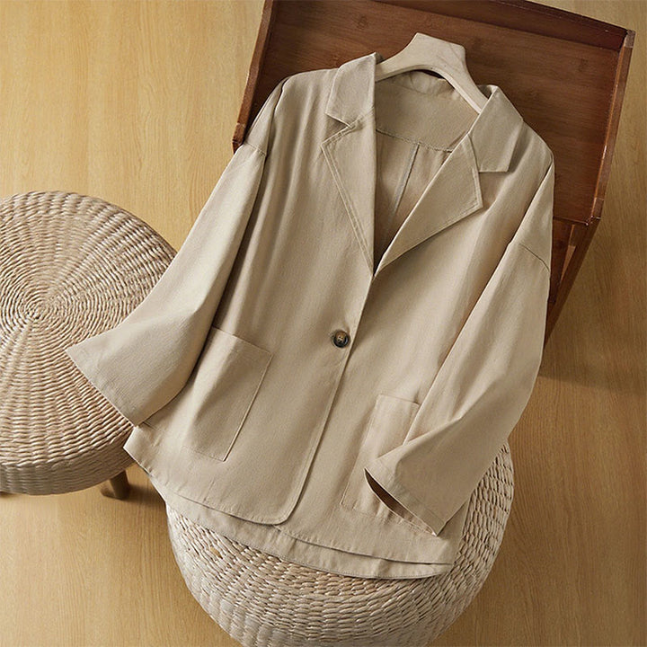 Chaqueta de traje de algodón para mujer con botones lisos y bolsillos de Buddha Stones - Trigo - US12，UK/AU16，EU44 (XL) - image 1