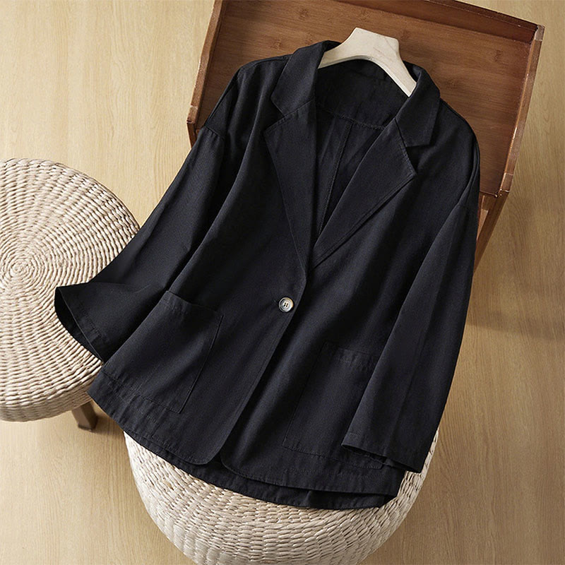Chaqueta de traje de algodón para mujer con botones lisos y bolsillos de Buddha Stones - Negro - US12，UK/AU16，EU44 (XL) - image 9
