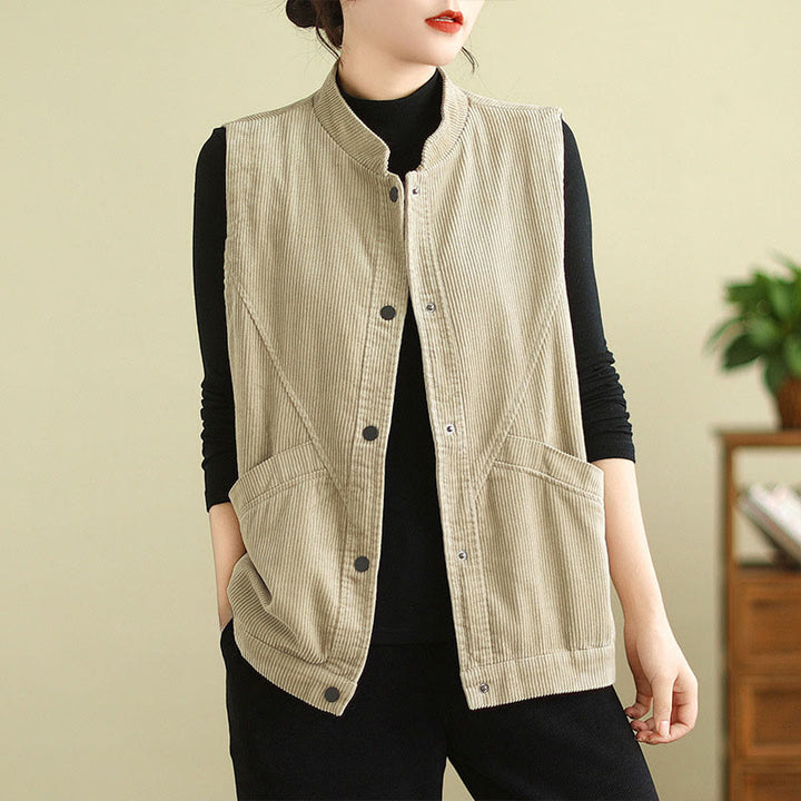 Chaleco de pana de algodón sin mangas para mujer con bolsillos y diseño de Buddha Stones - Beige - US12, UK/AU16, EU44 (2XL) - image 0