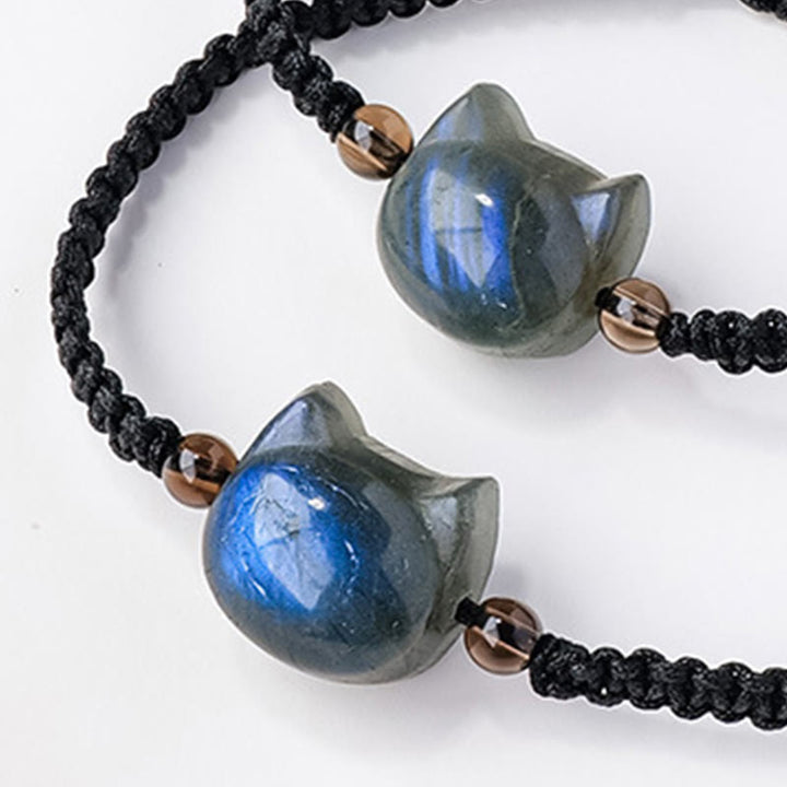 Pulsera curativa de cuerda negra con cabeza de gato y labradorita natural de Buddha Stones - image 5