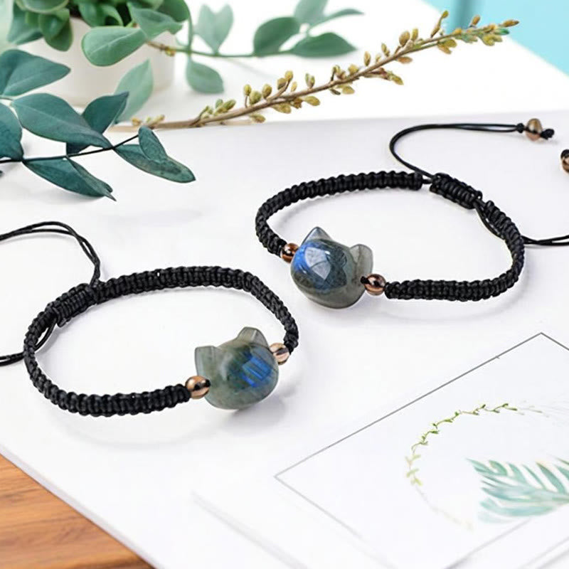 Pulsera curativa de cuerda negra con cabeza de gato y labradorita natural de Buddha Stones - image 2