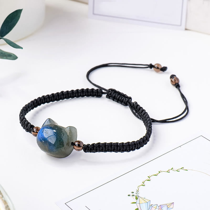 Pulsera curativa de cuerda negra con cabeza de gato y labradorita natural de Buddha Stones - Labradorita (circunferencia de la muñeca: 15-21 cm) - image 1