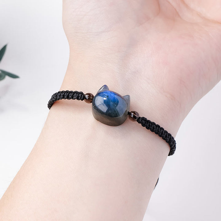 Pulsera curativa de cuerda negra con cabeza de gato y labradorita natural de Buddha Stones - image 4