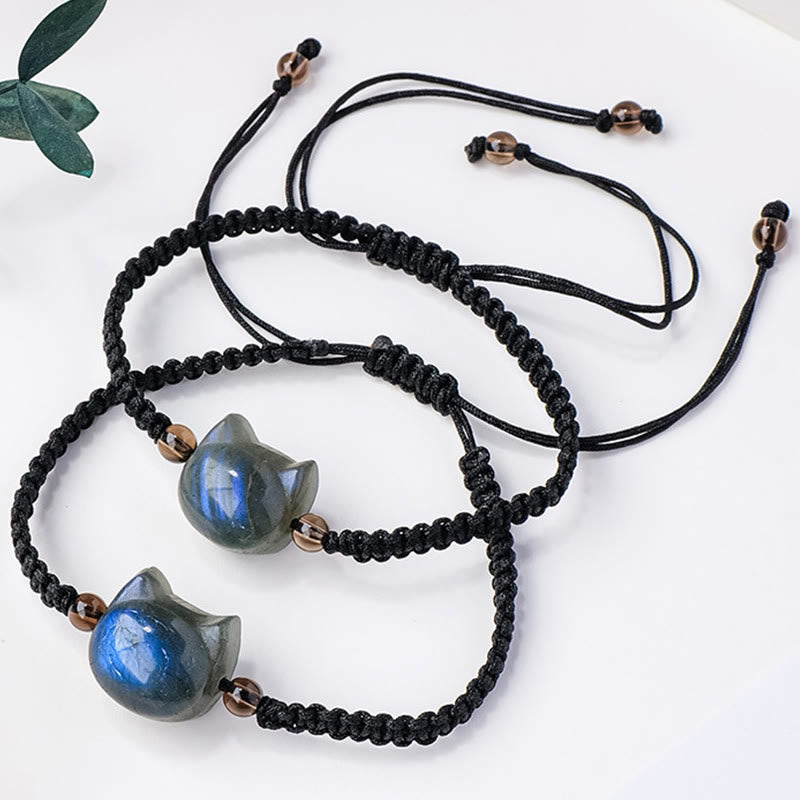 Pulsera curativa de cuerda negra con cabeza de gato y labradorita natural de Buddha Stones - image 3
