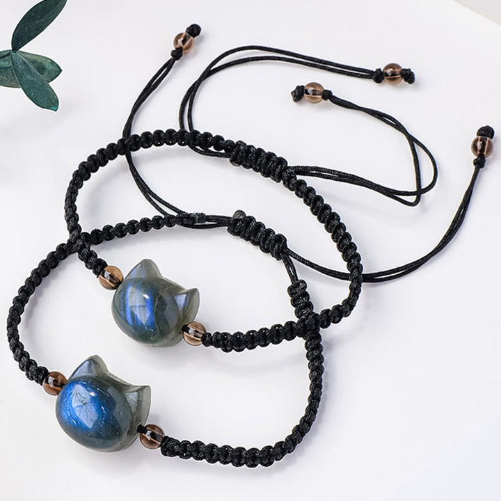 Pulsera curativa de cuerda negra con cabeza de gato y labradorita natural de Buddha Stones - image 3