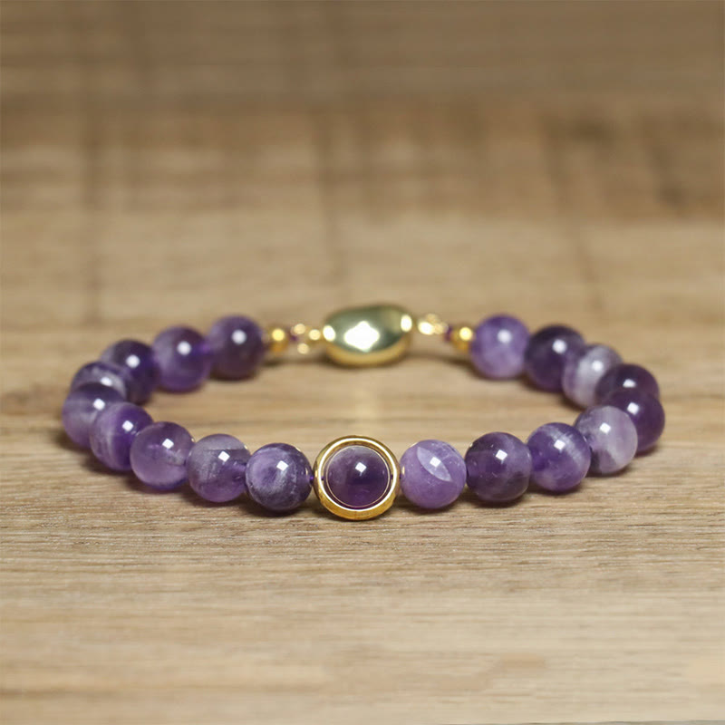 Pulsera con hebilla de cuentas de amatista natural de Buddha Stones que alivia el estrés - Hebilla de amatista y oro (circunferencia de la muñeca: 14-16 cm) - image 1