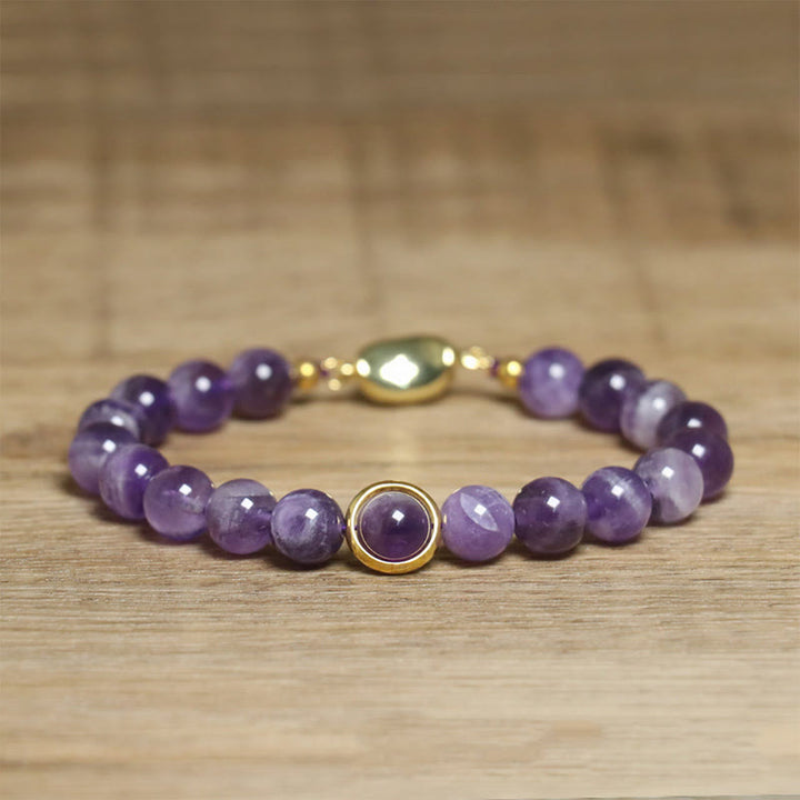 Pulsera con hebilla de cuentas de amatista natural de Buddha Stones que alivia el estrés - Hebilla de amatista y oro (circunferencia de la muñeca: 14-16 cm) - image 1
