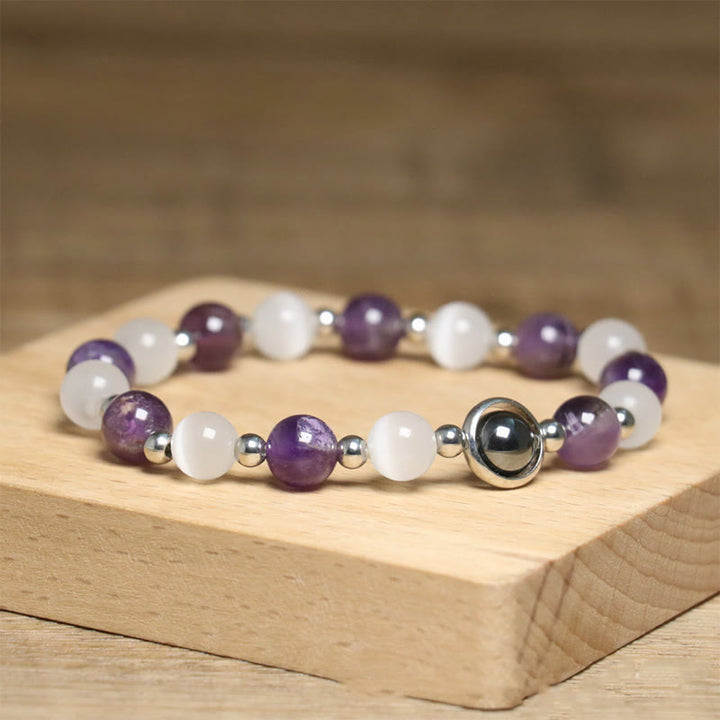 Pulsera de equilibrio con cuentas de ojo de gato blancas y amatista natural de Buddha Stones - image 4