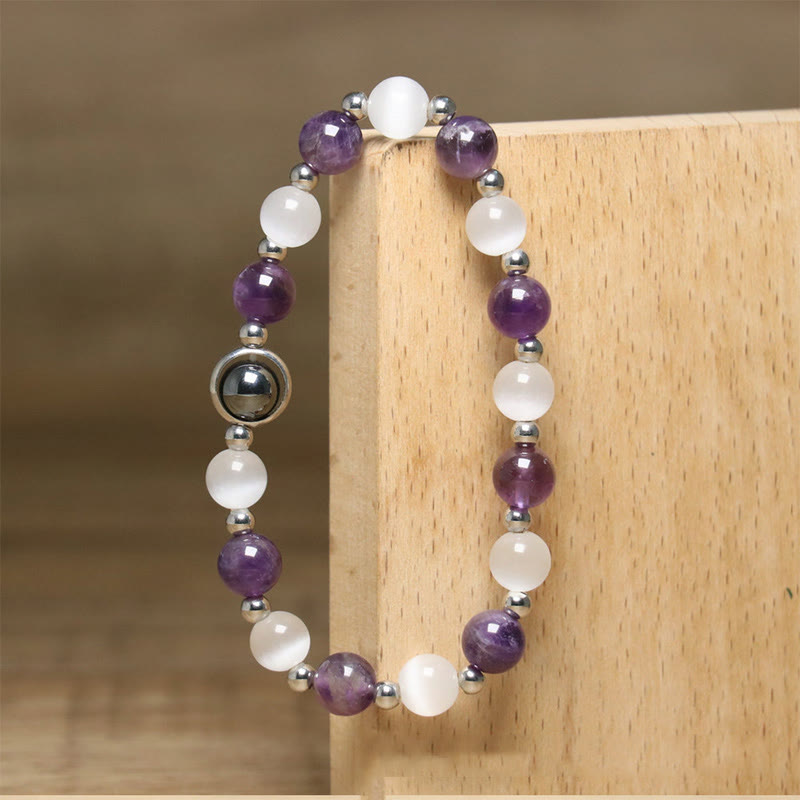 Pulsera de equilibrio con cuentas de ojo de gato blancas y amatista natural de Buddha Stones - image 5