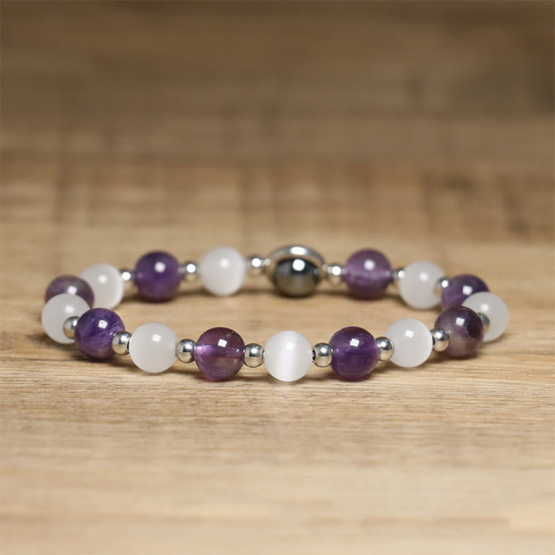 Pulsera de equilibrio con cuentas de ojo de gato blancas y amatista natural de Buddha Stones - image 2