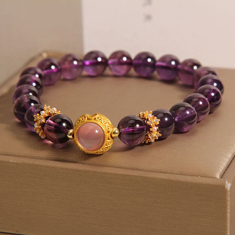 Pulsera curativa con cuentas de cuarzo fresa y amatista natural de Buddha Stones - image 2