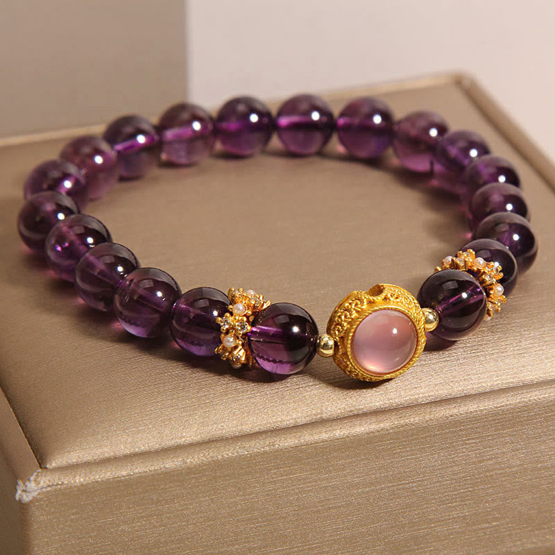 Pulsera curativa con cuentas de cuarzo fresa y amatista natural de Buddha Stones - image 3