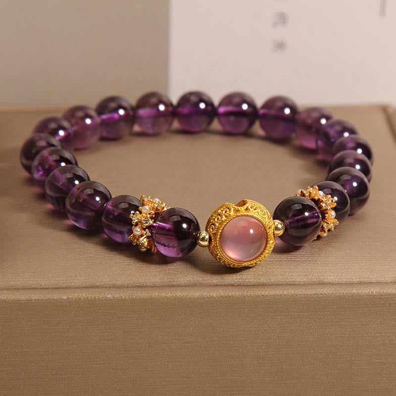 Pulsera curativa con cuentas de cuarzo fresa y amatista natural de Buddha Stones - Amatista y cuarzo fresa (circunferencia de la muñeca: 15-17 cm) - image 1