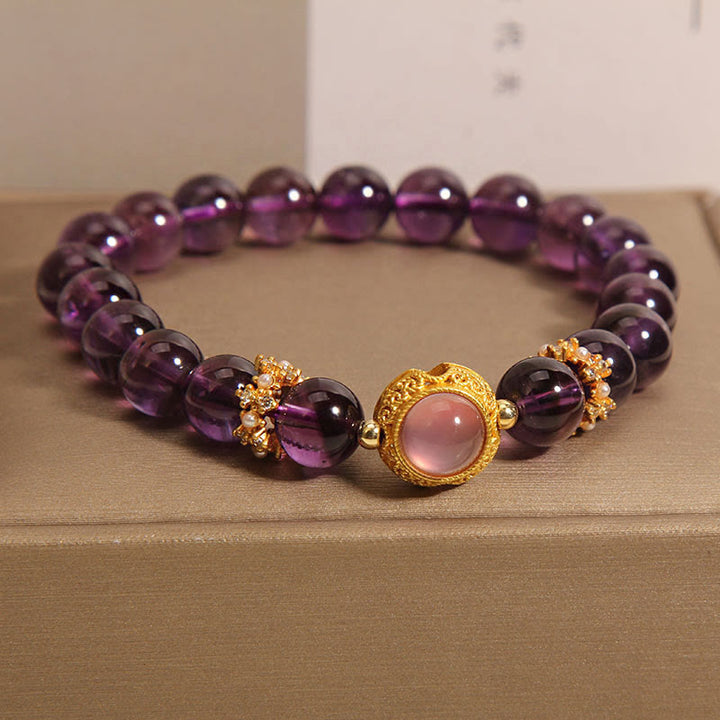 Pulsera curativa con cuentas de cuarzo fresa y amatista natural de Buddha Stones - Amatista y cuarzo fresa (circunferencia de la muñeca: 15-17 cm) - image 1