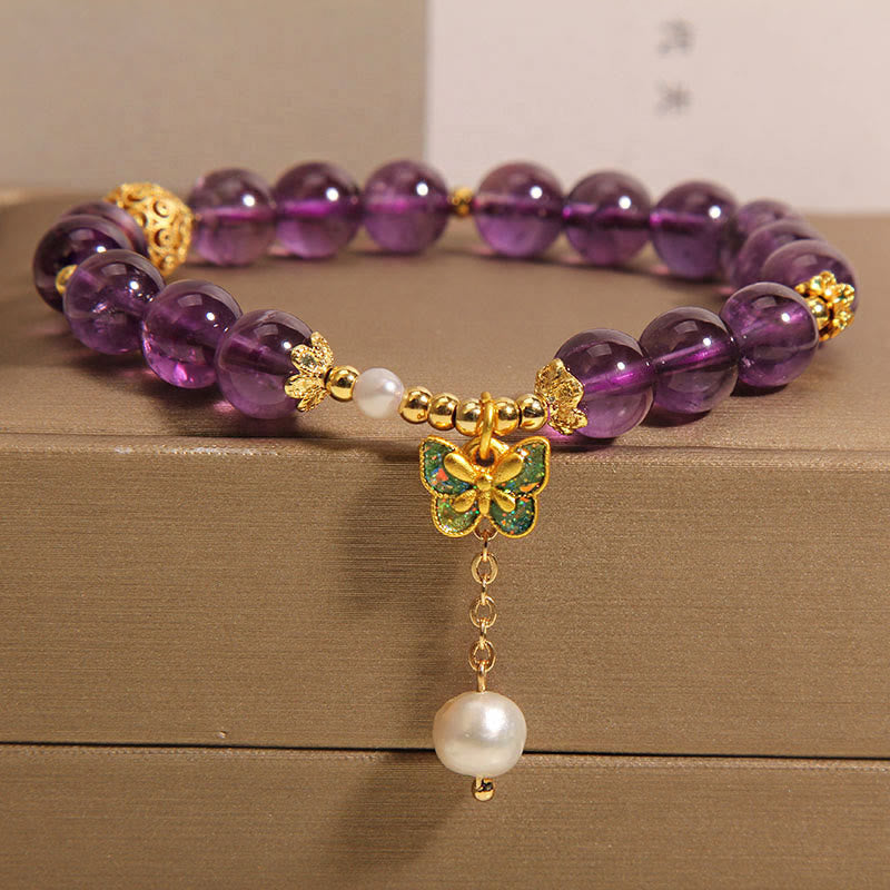 Pulsera curativa con mariposas verdes, ámbar y amatista natural de Buddha Stones - Mariposa verde amatista y ámbar (circunferencia de la muñeca: 15-17 cm) - image 1