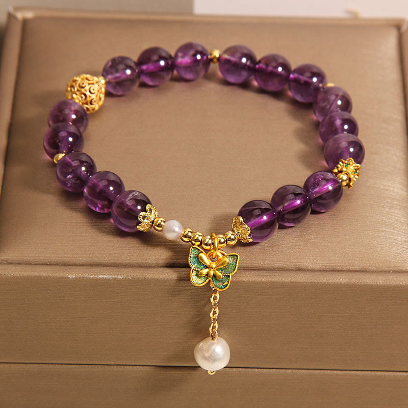 Pulsera curativa con mariposas verdes, ámbar y amatista natural de Buddha Stones - image 2
