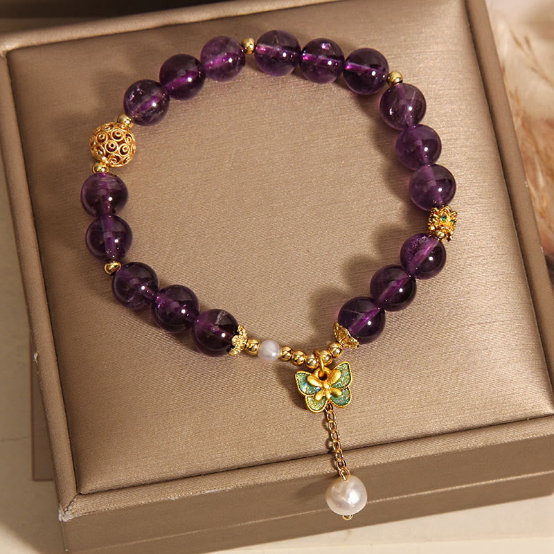 Pulsera curativa con mariposas verdes, ámbar y amatista natural de Buddha Stones - image 3
