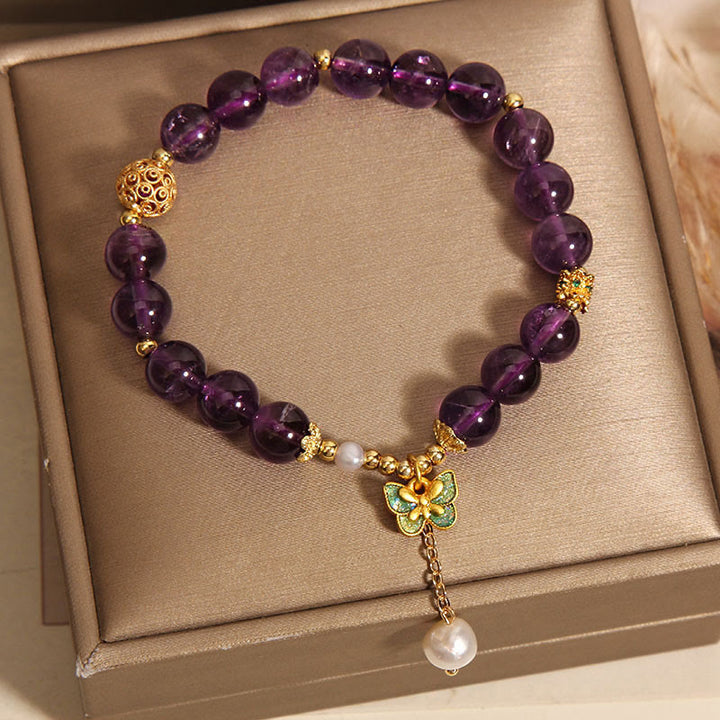 Pulsera curativa con mariposas verdes, ámbar y amatista natural de Buddha Stones - image 3