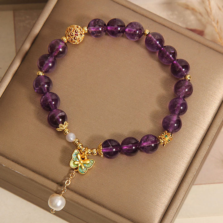 Pulsera curativa con mariposas verdes, ámbar y amatista natural de Buddha Stones - image 4